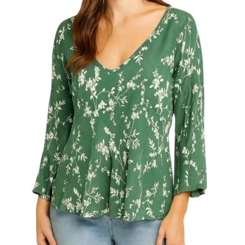 Rachel Zoe Green Wildflower Print Floral V-Neck Flowy Peasant Blouse Size L